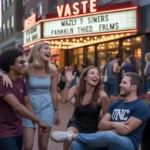 A group of diverse friends in their 20s and 30s talking and laughing outside an independent movie theater in Chapel Hill, NC at dusk.