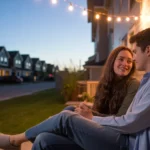 Couple relaxing on apartment patio at dusk with houses visible in background