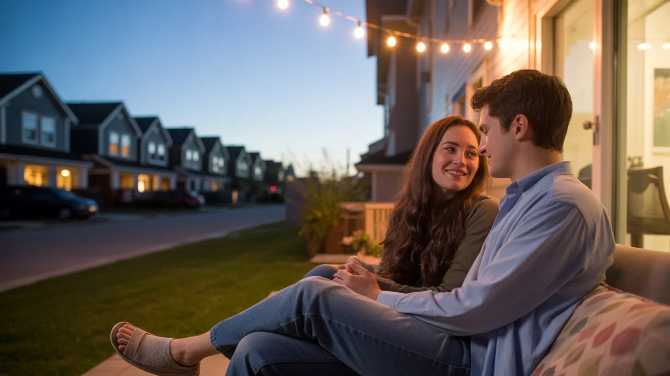 Couple relaxing on apartment patio at dusk with houses visible in background