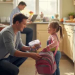 Father helping daughter pack backpack for school in Huntersville apartment living room