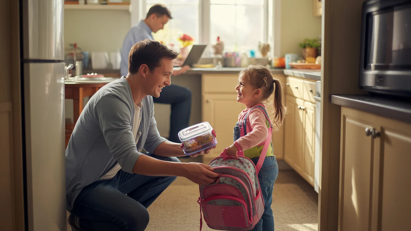 Father helping daughter pack backpack for school in Huntersville apartment living room