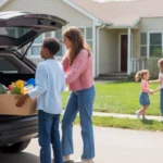 A family unloads affordable groceries in the driveway of their spacious suburban home in Joliet, IL.