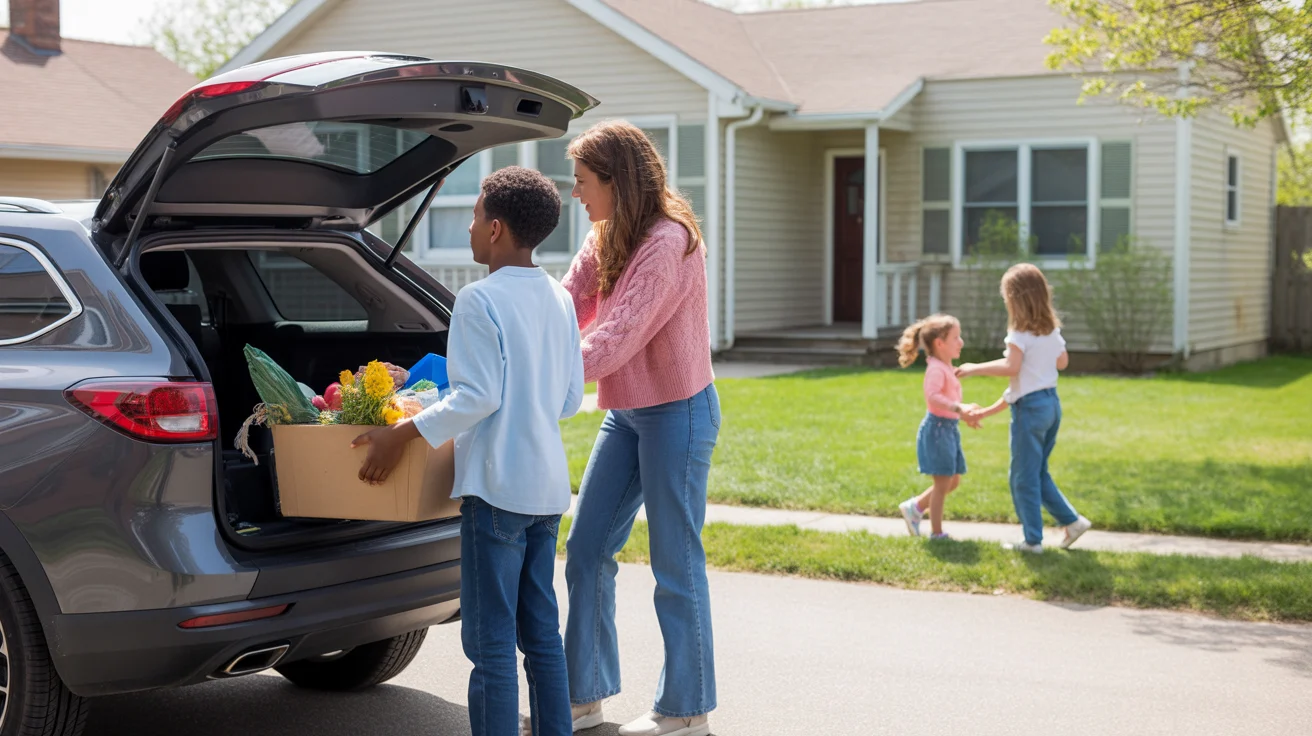 A family unloads affordable groceries in the driveway of their spacious suburban home in Joliet, IL.