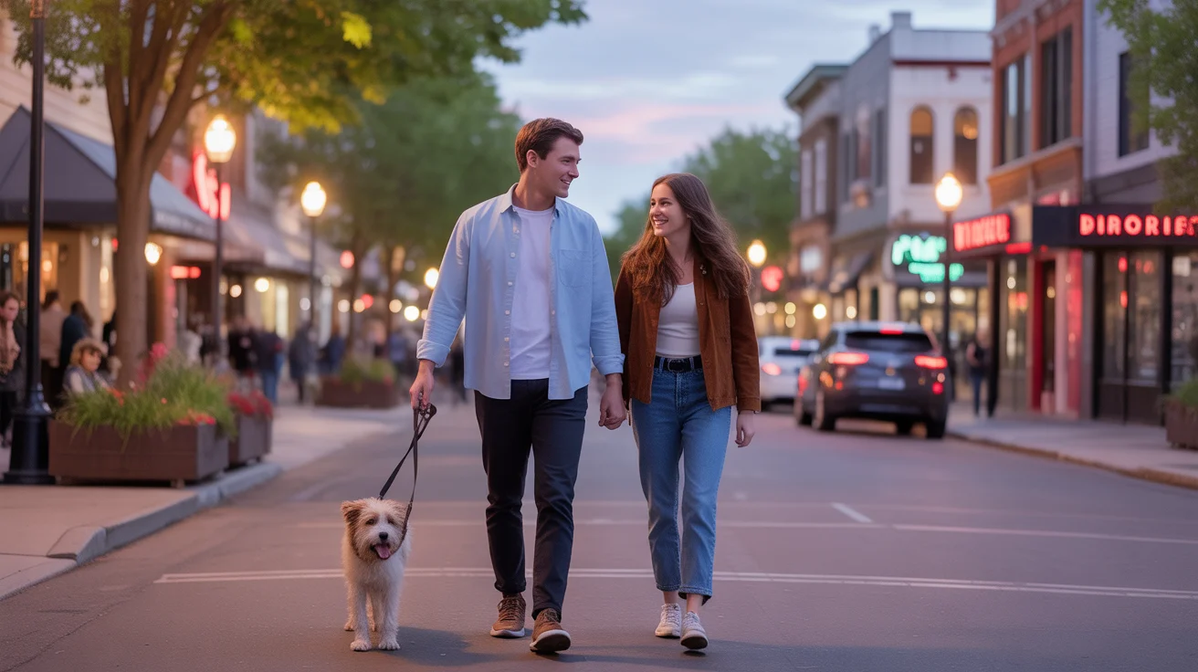 A couple walks their dog past local businesses on a lively evening in walkable downtown Aurora, IL.