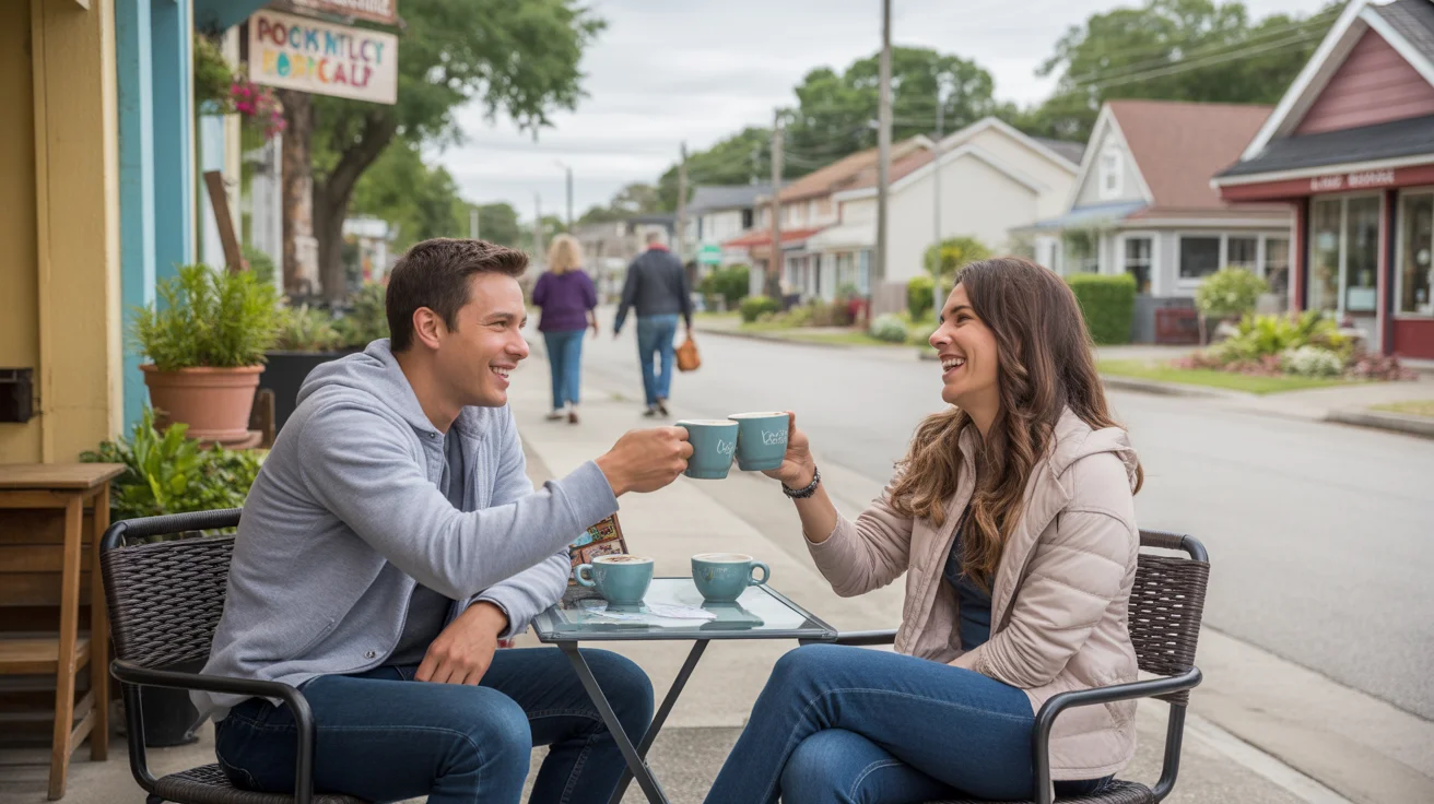 Two smiling roommates enjoying coffee outside local cafe on weekend morning in Kissimmee, Florida neighborhood