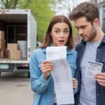 A couple unpacking a moving truck looks surprised by long receipt and parking ticket