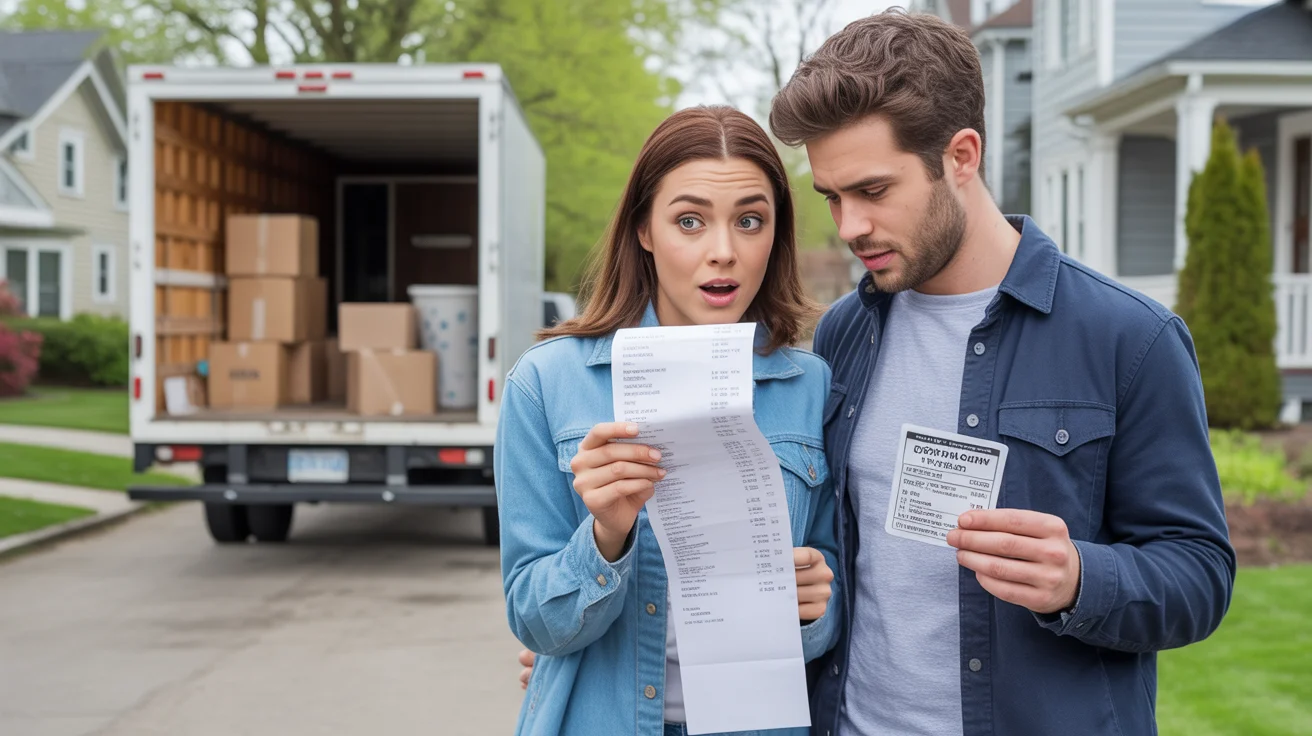 A couple unpacking a moving truck looks surprised by long receipt and parking ticket