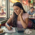 Woman working on monthly budget at diner table in Santa Ana, California