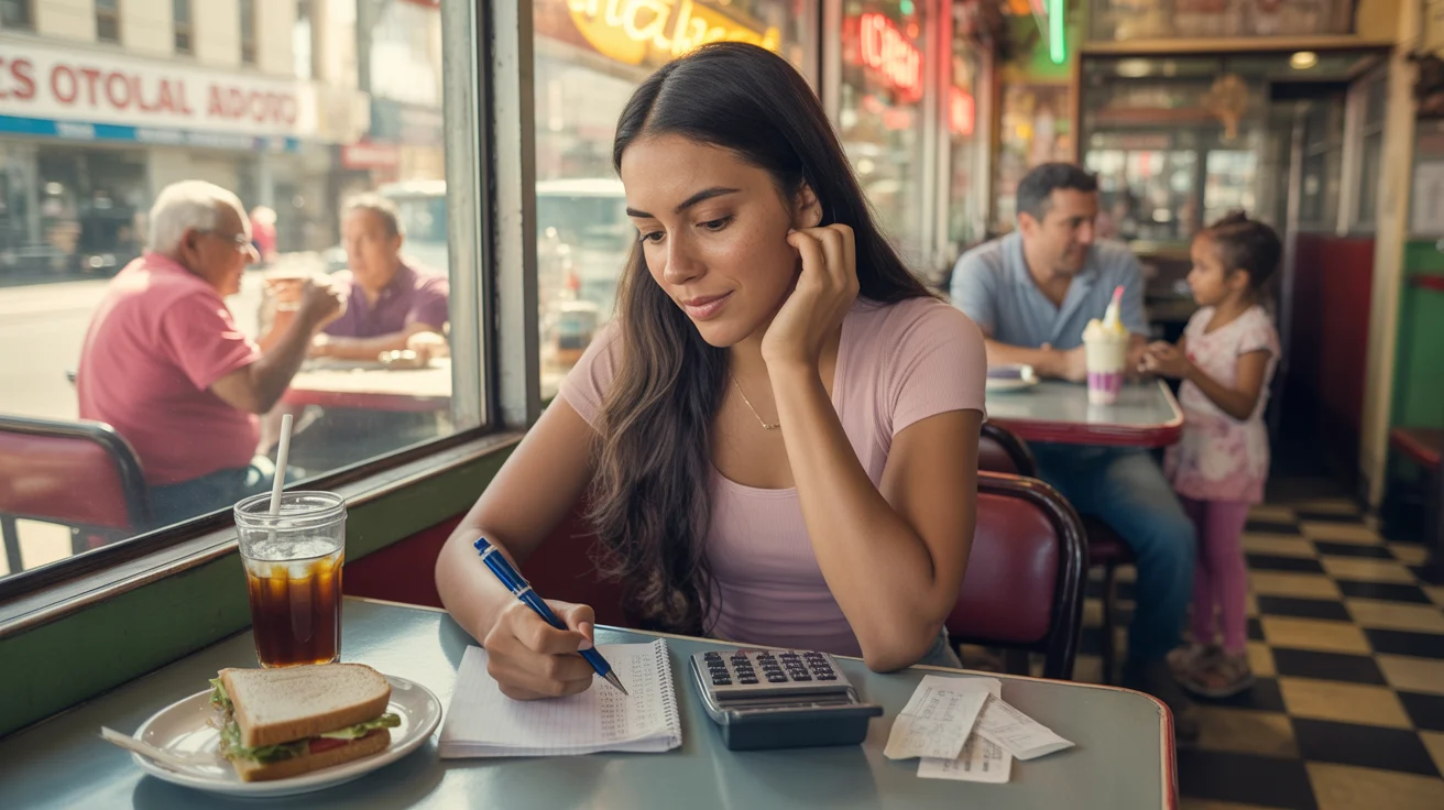 Woman working on monthly budget at diner table in Santa Ana, California