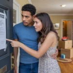 A couple reads a utility fee notice taped to their new apartment door in Pearland, TX.