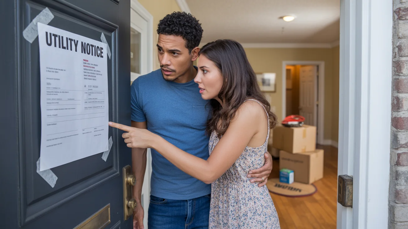 A couple reads a utility fee notice taped to their new apartment door in Pearland, TX.