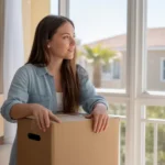 Woman unpacking moving boxes in a Santa Ana apartment
