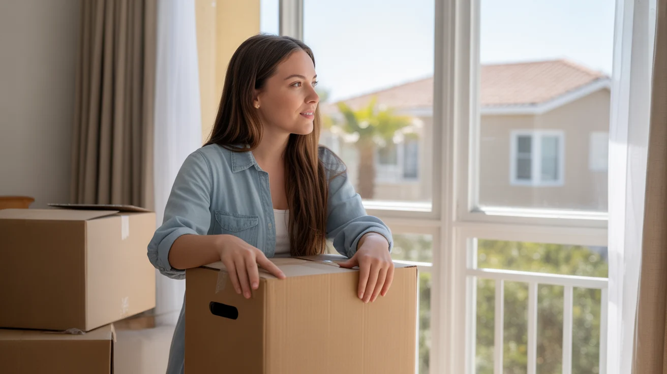 Woman unpacking moving boxes in a Santa Ana apartment