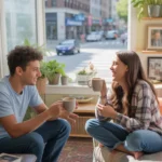 Two roommates enjoying coffee and conversation in a cozy Bolingbrook apartment living room