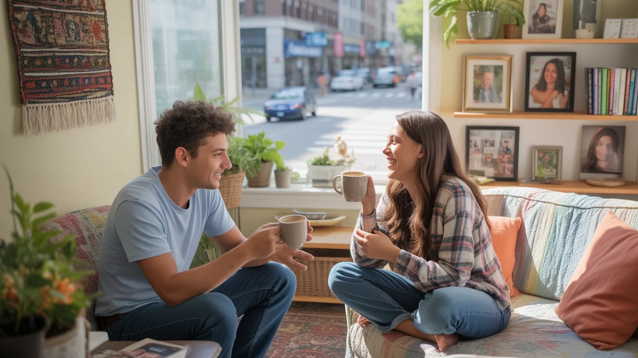 Two roommates enjoying coffee and conversation in a cozy Bolingbrook apartment living room