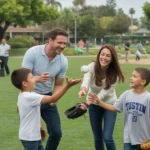 A family playing catch together in a neighborhood park in Tustin, California