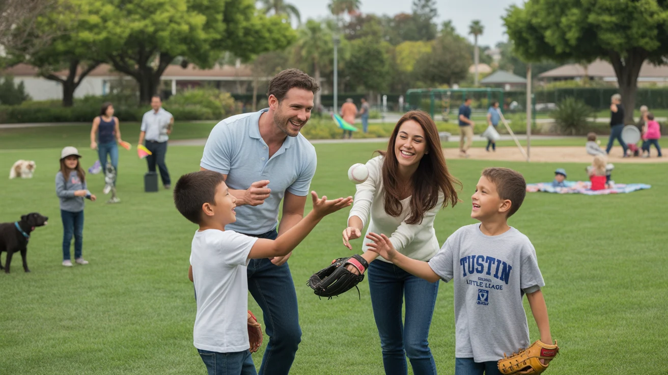 A family playing catch together in a neighborhood park in Tustin, California