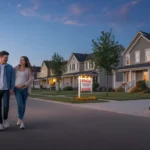 A couple considers townhouse and single family home options while walking their dog in Highlands Ranch.
