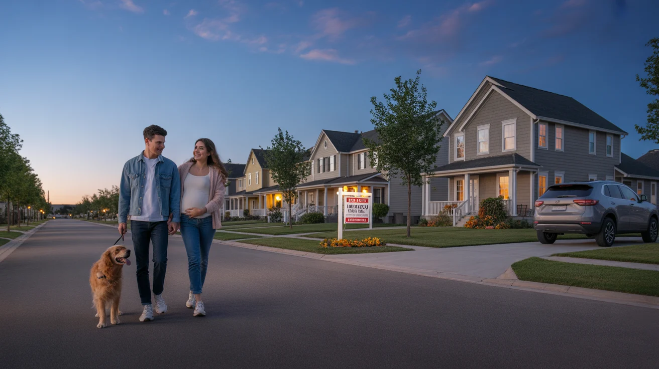 A couple considers townhouse and single family home options while walking their dog in Highlands Ranch.