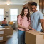 A couple unpacks boxes in the kitchen of their new Sugar Land home