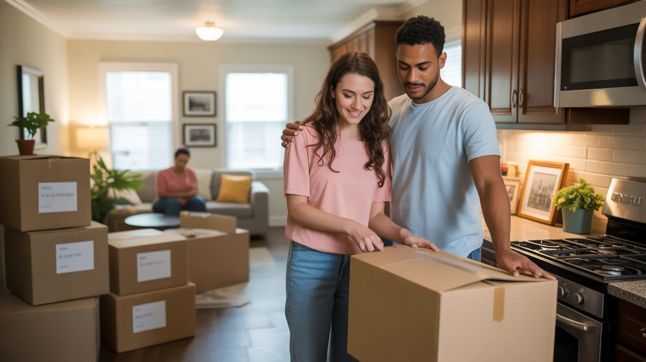A couple unpacks boxes in the kitchen of their new Sugar Land home