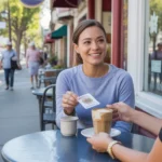Woman receiving coffee from barista using loyalty card at local San Marcos cafe