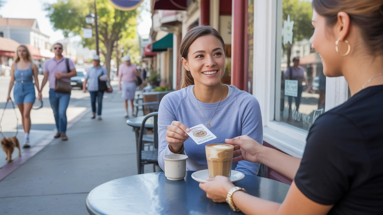 Woman receiving coffee from barista using loyalty card at local San Marcos cafe