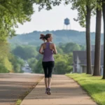 Woman jogging on sidewalk in Apex neighborhood