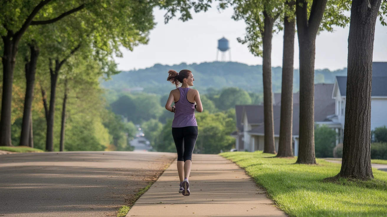 Woman jogging on sidewalk in Apex neighborhood