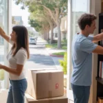 Couple unpacking and decorating their new apartment in Fullerton, California