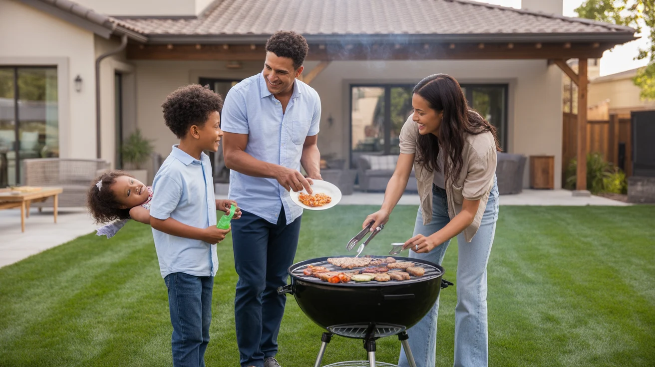 Family having a backyard barbecue at their spacious new home in Ontario, California