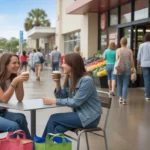 Two young women friends chat and drink coffee at cafe table outside Tampa grocery store after shopping