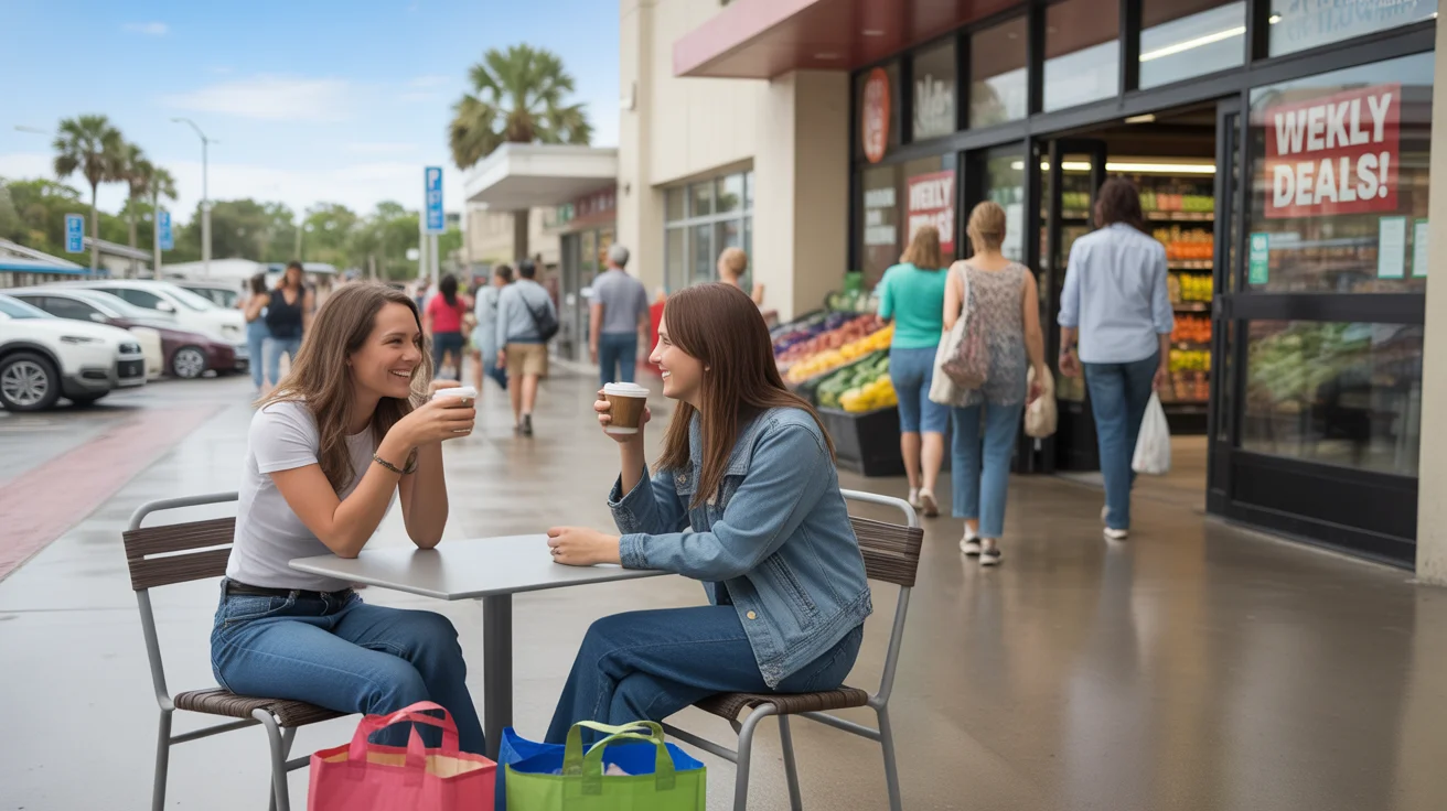 Two young women friends chat and drink coffee at cafe table outside Tampa grocery store after shopping