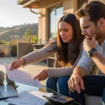 Couple on apartment patio reviewing housing costs in Chino Hills at sunset