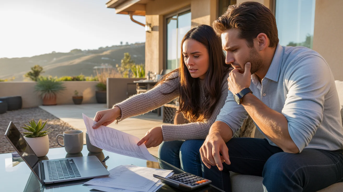 Couple on apartment patio reviewing housing costs in Chino Hills at sunset
