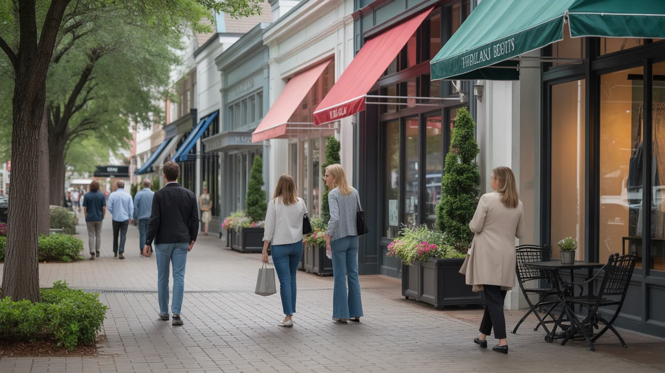 Shoppers enjoy a walkable retail district in The Woodlands, TX
