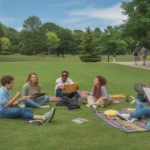 Friends relaxing on picnic blankets on a sunny day in a public park in Apex, North Carolina