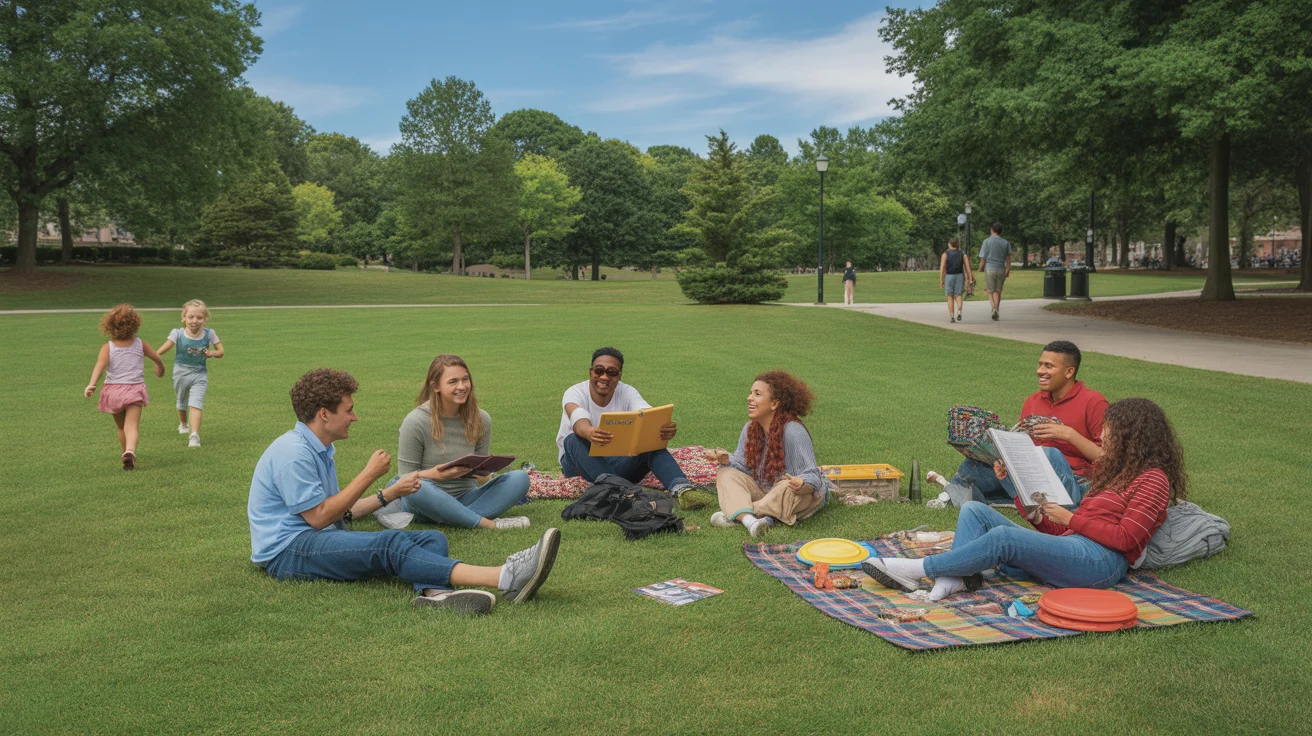 Friends relaxing on picnic blankets on a sunny day in a public park in Apex, North Carolina