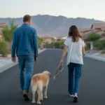 Father and daughter walk dog through North Las Vegas neighborhood at sunset