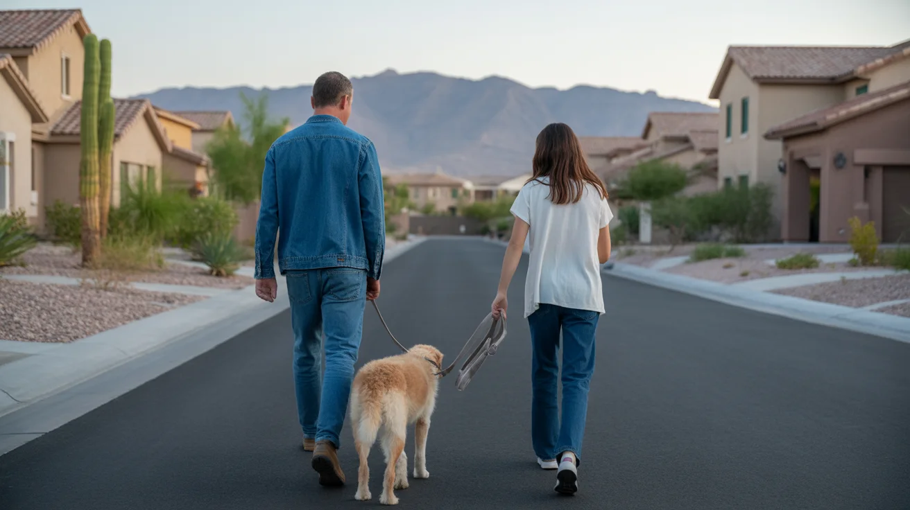 Father and daughter walk dog through North Las Vegas neighborhood at sunset