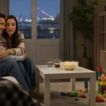 A couple watches TV while their daughter plays in their Fullerton living room at night