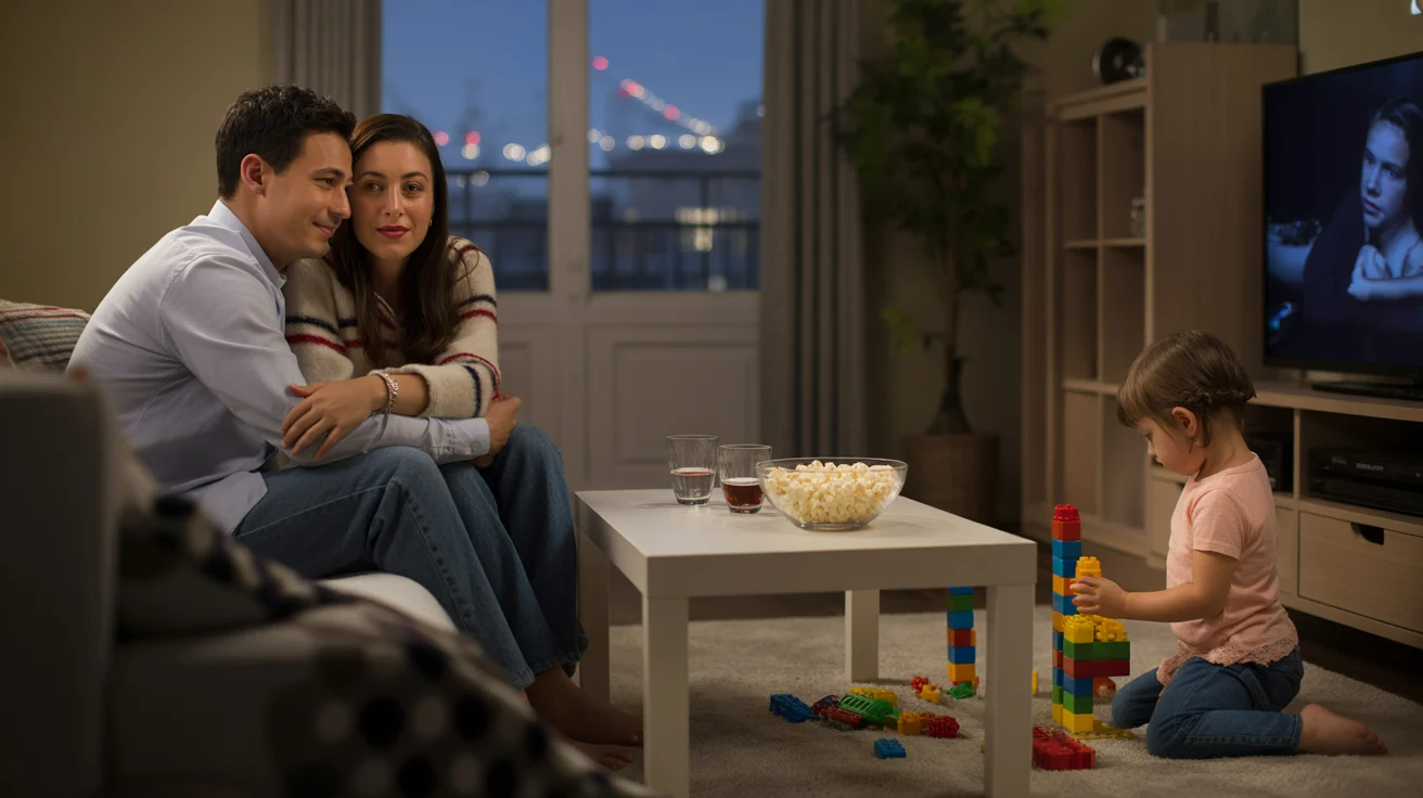 A couple watches TV while their daughter plays in their Fullerton living room at night