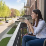 Woman drinking coffee on balcony of modern apartment in Naperville, IL