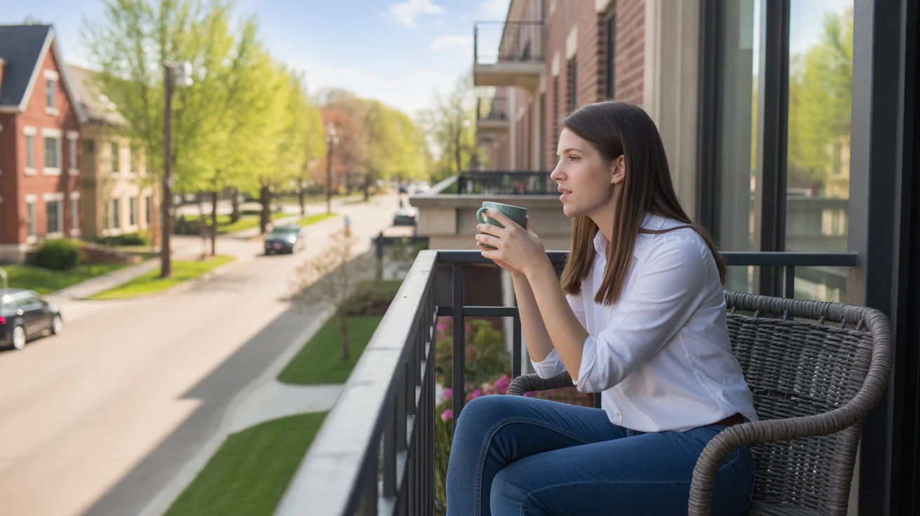 Woman drinking coffee on balcony of modern apartment in Naperville, IL