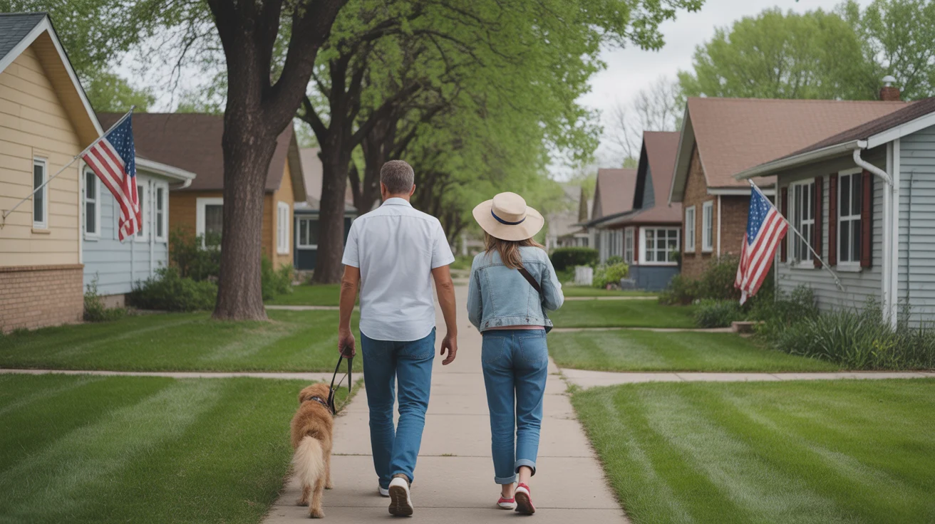 Family walking dog through residential neighborhood with modest homes in Aurora, IL