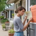 Concerned woman reading violation notice on front porch of Lexington home