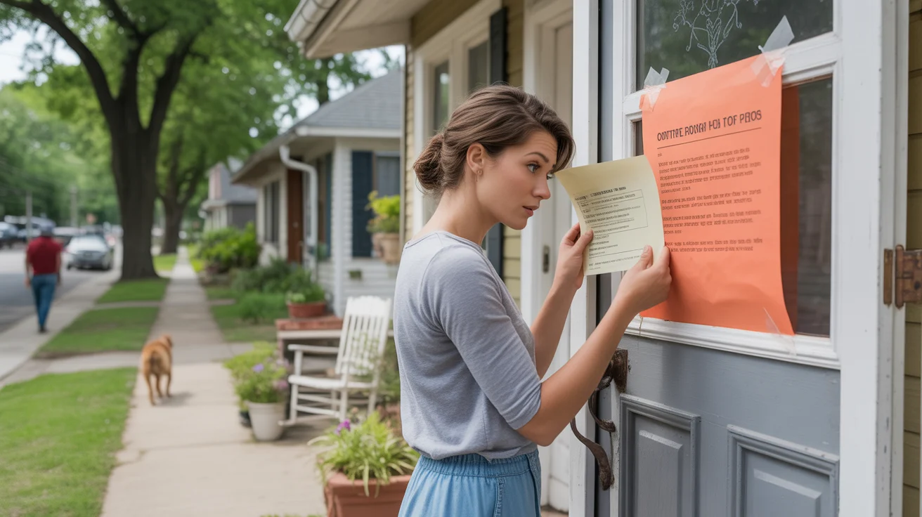 Concerned woman reading violation notice on front porch of Lexington home