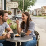 Two roommates enjoying coffee outside local café in West Valley City, Utah neighborhood