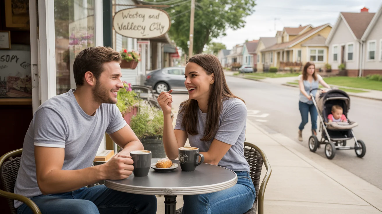 Two roommates enjoying coffee outside local café in West Valley City, Utah neighborhood