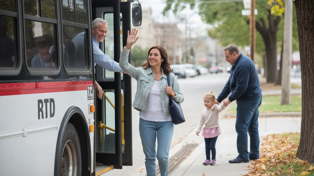 Woman waving at bus driver while exiting RTD bus on residential Denver street